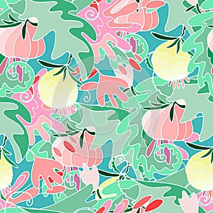 Seamless pattern with tropical vegetation, surreal flowers, fruit for surface design and other design projects