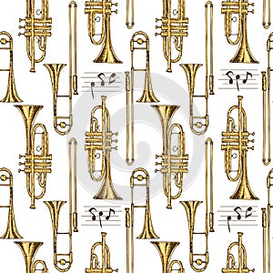 Seamless Pattern. Trumpets, Trombones and Notes