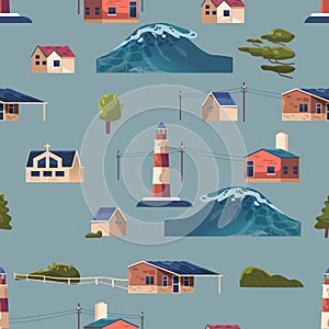 Seamless Pattern with Tsunami, Natural Disaster Elements. Sea Wave, Beacon, Voltage Towers, Trees, Bushes And Buildings
