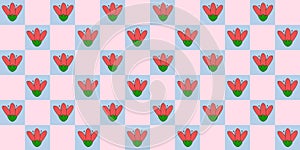 Seamless pattern with tulip flowers on checked pink blue background, vector