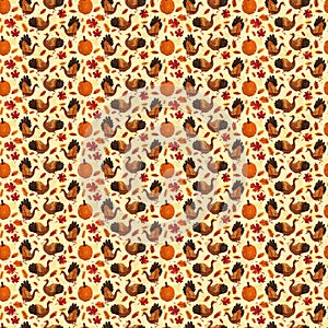 Seamless pattern with turkeys, pumpkins, and maple leaves. Thanksgiving Day