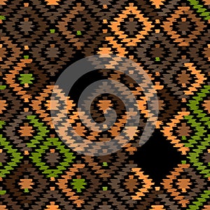 Seamless pattern Turkish carpet beige orange khaki brown black. Patchwork mosaic oriental kilim rug with traditional folk