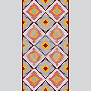 Seamless pattern Turkish carpet blue gray pink orange. Patchwork mosaic oriental kilim rug with traditional folk geometric ornamen