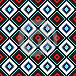 Seamless pattern Turkish carpet blue white red black. Colorful patchwork mosaic oriental kilim rug with traditional folk geometric