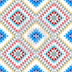 Seamless pattern Turkish carpet pink blue white red gray. Colorful patchwork mosaic oriental kilim rug with traditional folk geome