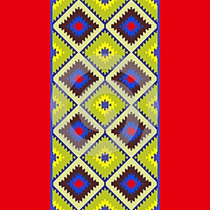 Seamless pattern Turkish carpet red yellow blue green. Patchwork mosaic oriental kilim rug with traditional folk geometric ornamen