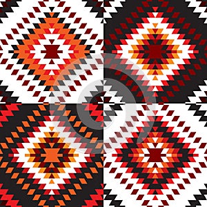 Seamless pattern Turkish carpet white red black. Patchwork mosaic oriental kilim rug with traditional folk geometric ornament. Tri