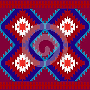 Seamless pattern Turkish carpet white red burgundy blue. Colorful patchwork mosaic oriental kilim rug with traditional folk geomet