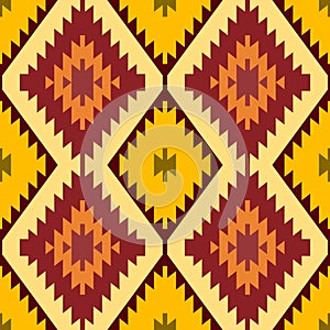 Seamless pattern Turkish carpet yellow beige orange brown. Patchwork mosaic oriental kilim rug with traditional folk geometric orn