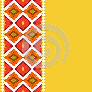 Seamless pattern Turkish carpet yellow beige orange brown. Patchwork mosaic oriental kilim rug with traditional folk geometric orn