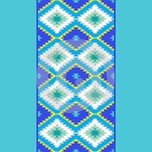 Seamless pattern Turkish carpet yellow blue green. Patchwork mosaic oriental kilim rug with traditional folk geometric ornament. T