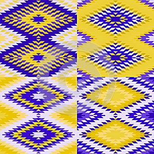 Seamless pattern Turkish carpet yellow ultraviolet purple. Colorful patchwork mosaic oriental kilim rug with traditional folk geom