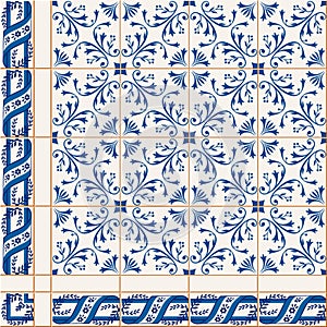 seamless pattern. Turkish, Moroccan, Portuguese Azulejo tiles and border, ornaments.