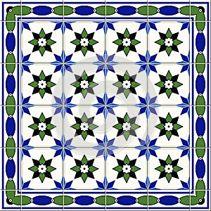 seamless pattern. Turkish, Moroccan, Portuguese Azulejo tiles and border, ornaments.