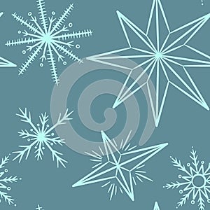 Seamless pattern with turquoise snowflakes.