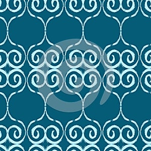 Seamless pattern turquoise swirls are drawn with a brush on a blue-green background.