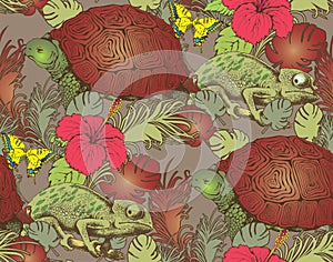 Seamless pattern of turtle, chameleon and flowers