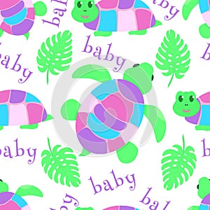 Seamless pattern with turtle, green leaves monstera, word baby. Vector illustration