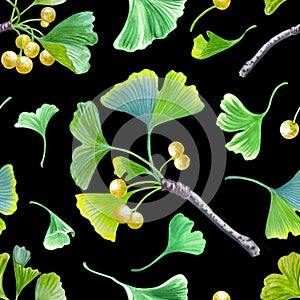 Seamless pattern of twigs, berries and ginkgo leaves on a black background