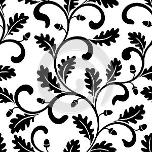 Seamless pattern. Twisted branches with oak leaves on a