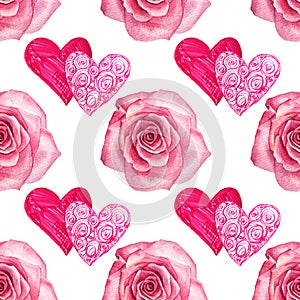 Seamless pattern two red heart and pink watercolor rose on white background. Hand-drawn marker naive art. Ornate swirl