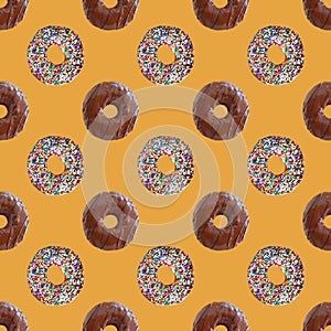 Seamless Pattern of Two Types of Chocolate Glazed Donuts on Caramel Backdrop