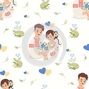 Seamless pattern with Ukrainian people. Cute enamored couple man and woman in traditional embroidered clothes vyshyvanka