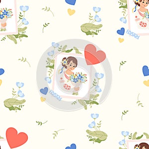 Seamless pattern with Ukrainian woman in traditional clothes embroidered shirt with bouquet flowers on white background