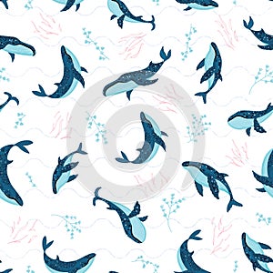 Seamless pattern with underwater humpback whales swimming on white wave background. Vector illustration with whales in riverbed