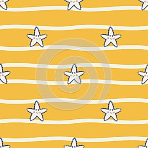 Seamless pattern of underwater life with cute starfishes. Endless texture with ocean creatures. Color flat vector