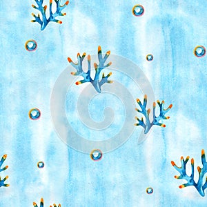 Seamless pattern with underwater life objects. Marine design-shell, sea star. Watercolor hand drawn painting