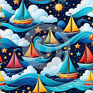 seamless pattern of underwater ocean, cloud, wave, sailboat, yacht, star, sun, night
