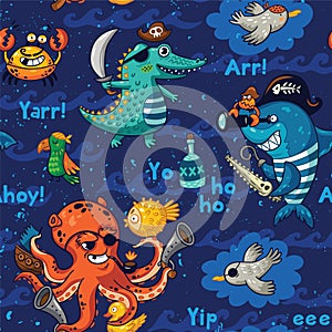 Seamless pattern with underwater pirates, crocodile, octopus, shark, crab