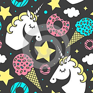 Seamless pattern with unicorn on black background. Vector character