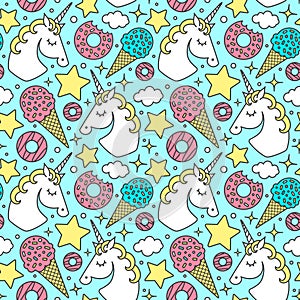 Seamless pattern with unicorn on blue background. Vector cartoon style character