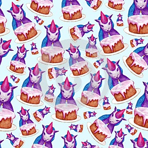 Seamless pattern unicorn with cake