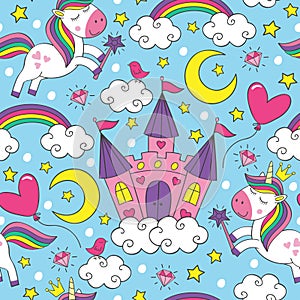 Seamless pattern with unicorn and castle