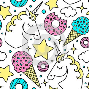 Seamless pattern with unicorn, clouds, stars, ice cream, donuts. Vector cartoon style character