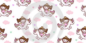 Seamless pattern unicorn fairy cartoon with princess cute Pegasus pony Child vector with pastel cloud