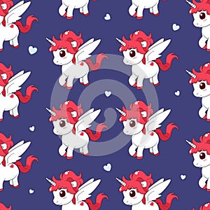 Seamless pattern with unicorn and hearts. Vector tile