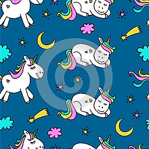 Seamless pattern with unicorn, moon and stars. Cute and lovely background. Vector illustration. Abstract background for girls