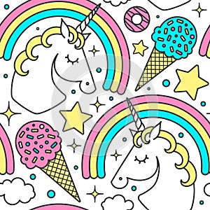 Seamless pattern with unicorn, rainbow, clouds, stars, ice cream, donuts. Vector cartoon style character. Isolated on white