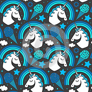 Seamless pattern with unicorn and rainbow on dark background. Vector cartoon style character