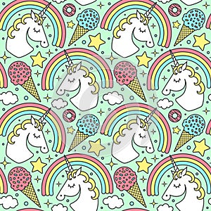 Seamless pattern with unicorn and rainbow on green background. Vector cartoon style character