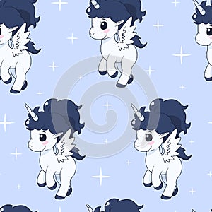 Seamless pattern with unicorn and stars. Vector tile