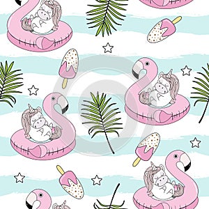 Seamless pattern with unicorns on a beautiful background.