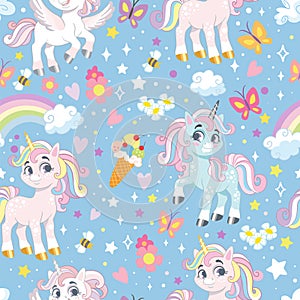 Seamless pattern unicorns and elements vector illustration