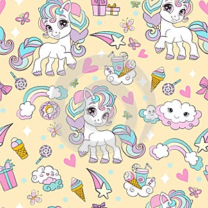 Seamless pattern with unicorns and magic elements vector yellow