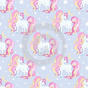 Seamless pattern with unicorns with pink mane. Vector