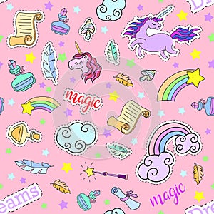 Seamless pattern with unicorns, rainbow, stars, clouds and other magic elements.Vector background stickers, pins